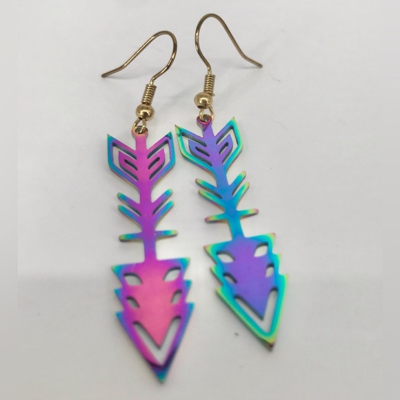 Iridescent Oil Slick Arrow Earrings - Picture 2 of 4